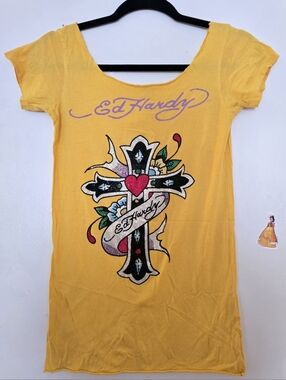 Ed Hardy Y2K Vintage Yellow Tattoo Logo Mini Dress Size Small